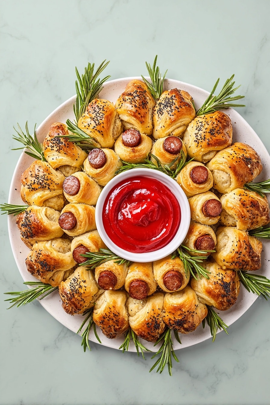 Sausage Roll Wreath Recipe 5 A white plate with a ring of golden brown twist pastry covered with sesame seeds and green herbs, placed around a small round bowl of thick, deep red cranberry sauce with visible pieces and orange peel strips. Fresh whole cranberries and green herb sprigs decorate the plate. A woman's hand is dipping a piece of the twisted pastry into the cranberry sauce. The background is a white marbled surface with large brown pinecones partially visible behind the plate. Photo taken with an iphone --ar 4:5 --v 7
