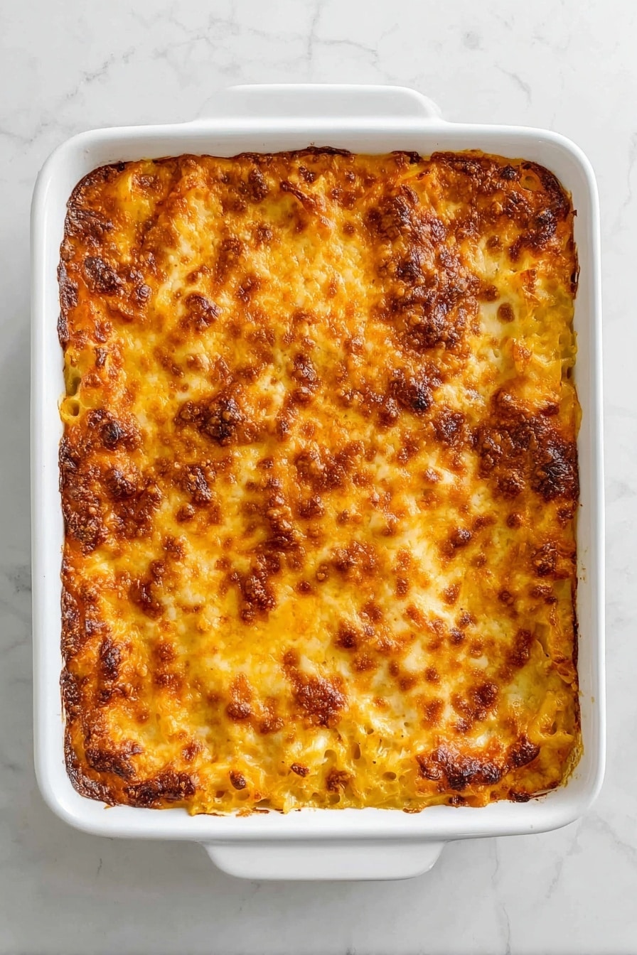 The image shows a cheesy casserole with a golden-brown top layer that has a slightly crispy texture and darker browned spots. The dish is in a white rectangular baking dish with a metal spoon scooping out a portion, revealing two main layers: a smooth and creamy pale yellow layer beneath the top, and a thicker, slightly textured yellow-orange cheese layer on top. The casserole sits on a white marbled surface next to a white plate with a serving of the casserole, showing soft and moist orange-yellow chunks. A fork is placed near the plate on the same surface. Photo taken with an iphone --ar 4:5 --v 7