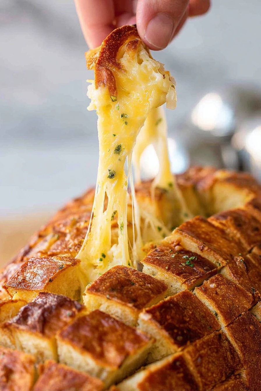 A close-up view of a golden brown pull-apart bread with a crispy, chewy crust. The bread is cut into square pieces, showing a soft, fluffy inside layered with melted cheese that stretches as a woman's hand lifts one piece. Small green herbs are visible within the cheesy layer, adding a touch of color to the creamy yellow cheese. The bread rests on a foil-lined surface with a white marbled background behind it. Photo taken with an iphone --ar 4:5 --v 7