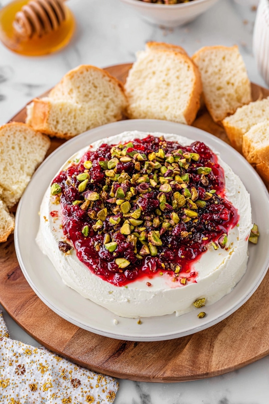Cranberry Feta Dip with Pistachios Recipe 5 The image shows a white plate with three main layers: the bottom layer is thick, creamy, and white, spread evenly across the plate. The middle layer is a glossy, deep red jelly or jam, placed in a rough circle over the cream, leaving the white layer visible on the edges. The top layer is a scattering of green and brown chopped nuts, mainly pistachios, spread unevenly over the red jelly. Around the plate, on a white marbled surface, there are pieces of crusty bread and a wooden cutting board underneath the plate. A white honey pot with a wooden honey dipper is partly visible at the top left corner, alongside a white cloth with red patterns near the bottom left. Photo taken with an iphone --ar 4:5 --v 7