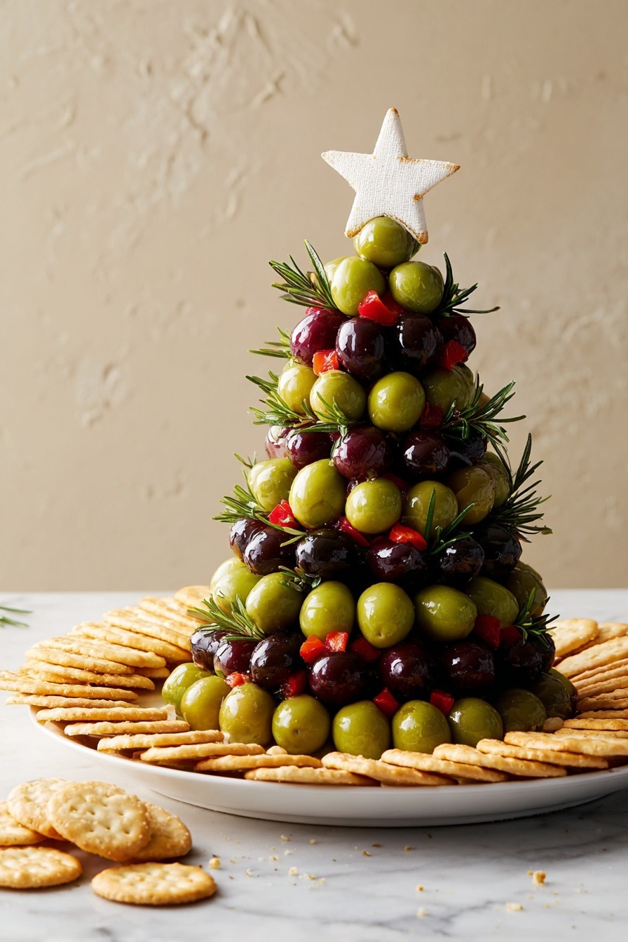 A cone-shaped stack of mixed olives sits on a white plate, arranged like a small tree. The olives are green, black, and dark purple, with some small pieces of red pepper and sprigs of rosemary scattered throughout for color and texture. At the top of the olive tower is a white star-shaped piece, resembling cheese. Around the plate, there are several stacks of round light golden crackers, some stacked and some laid flat. The whole scene is set on a white marbled surface with a plain light gray wall in the background. photo taken with an iphone --ar 4:5 --v 7