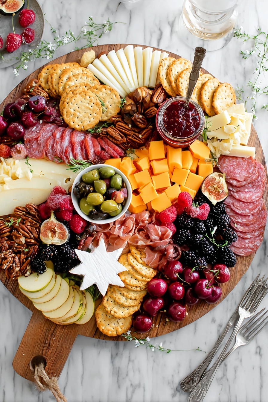 A large wooden board filled with many food items arranged in layers and sections. There are folded slices of white cheese fanned at the bottom left and top left. Next to the top-left cheese, there are orange cheese cubes. Thin slices of red salami are placed in several groups, some stacked and some in loose folds. There are round yellow crackers arranged in a neat pile near the center. A small white bowl full of green and dark olives is at the bottom left. A half of a red and green pear is sliced and placed near the center. Several fresh raspberries and blackberries are scattered around the board along with red cranberries. There are brown sugared nuts in a small wooden bowl near the middle and a pile of pecans on the right. Near the top right, there is a white star-shaped soft cheese wheel with a scalloped edge, and near it, folded slices of pink prosciutto. At the bottom right, there are figs sliced to show their pink insides. The board is placed on a white marbled surface. photo taken with an iphone --ar 4:5 --v 7