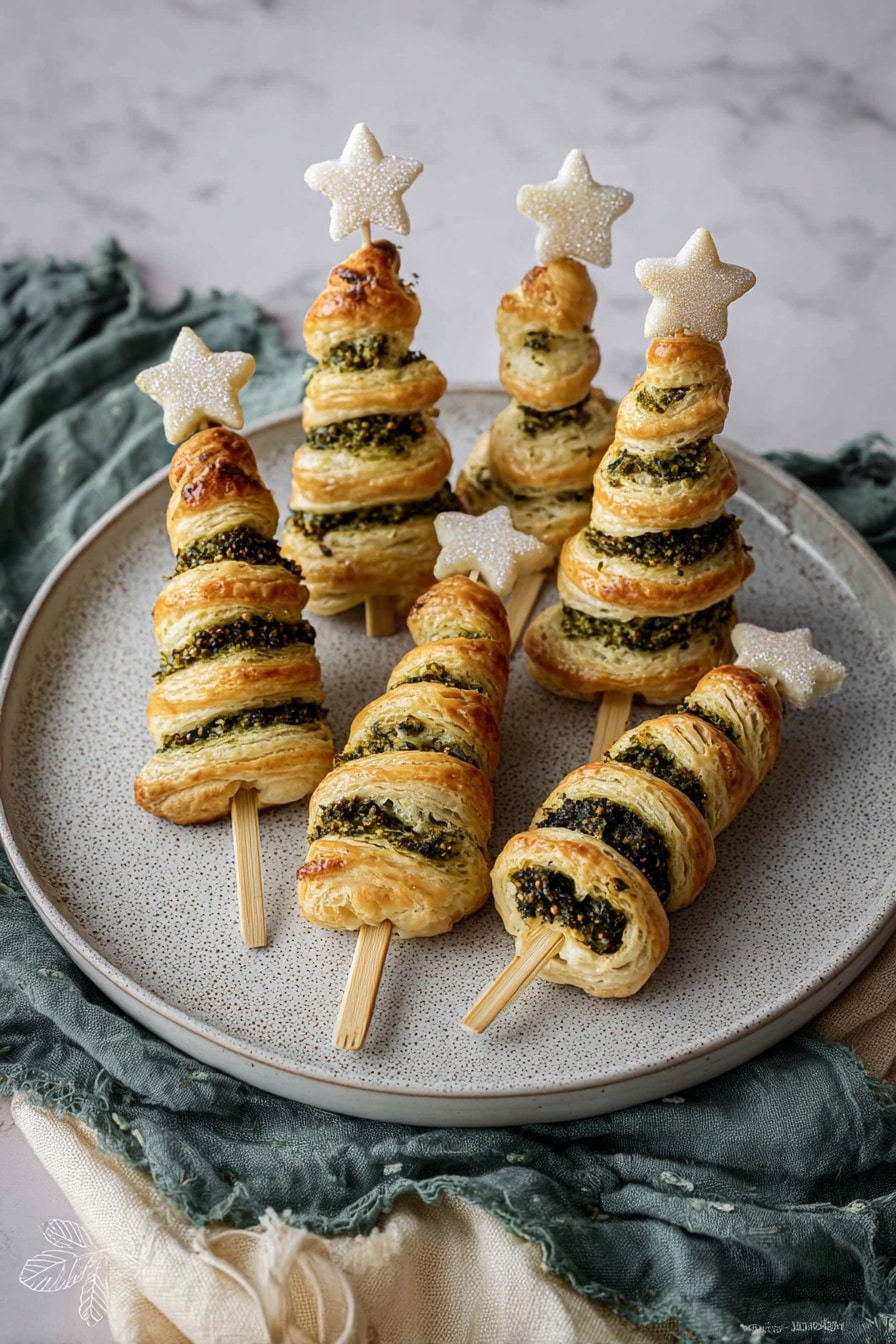 The image shows seven puff pastry sticks shaped like Christmas trees arranged in a circle on a dark textured round plate placed on white and green cloths on a white marbled surface. Each pastry stick has three visible layers: the outer golden-brown baked pastry with a slightly crispy texture, a middle layer of green herb spread filling with a rough appearance, and a top small star-shaped white layer made from cheese placed on the tip of each tree. The wooden sticks are light brown and threaded vertically through the center of each tree-shaped pastry. The scene has soft natural lighting. Photo taken with an iphone --ar 4:5 --v 7
