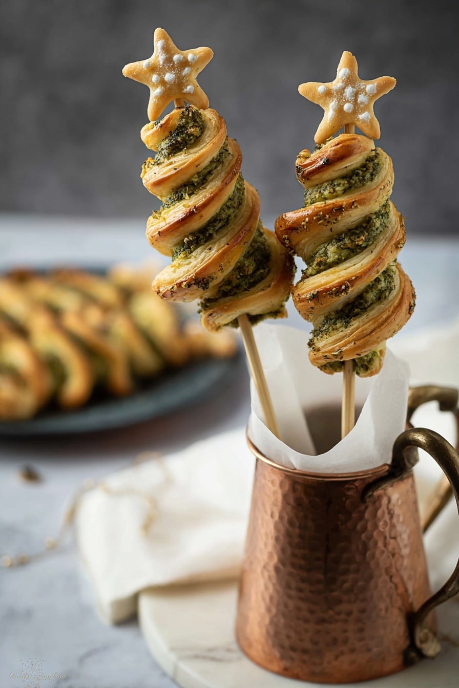 The image shows several puff pastry skewers shaped like Christmas trees, with three layers of light golden brown puff pastry swirled in a zigzag form, topped with small white star-shaped pieces at the tip of each skewer. The trees have a green herb spread visible between the puff pastry layers, giving a textured color contrast. Two skewers are held upright inside a brown metal jug, while five more are laid on a white plate with a textured pattern, placed on a white marbled surface with a white cloth underneath. The scene has soft natural lighting. Photo taken with an iphone --ar 4:5 --v 7