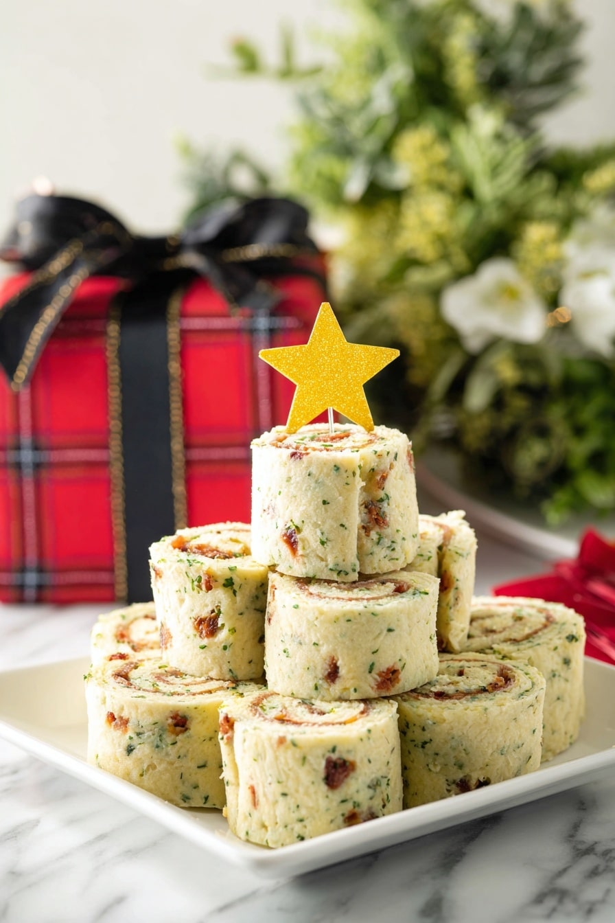 On a white plate with a delicate floral pattern at the corner, there are 12 triangular pinwheel wraps arranged in rows. Each pinwheel has three main layers: a pale, herb-flecked tortilla wrap on the outside, a creamy white spread in the middle, and small pieces of dark purple olives and bright red sun-dried tomatoes scattered throughout, giving a marbled effect inside each wrap. Each pinwheel is held together with a wooden toothpick that also spears a small chunk of dark purple olive at the end. The plate sits on a white marbled surface, and there are green leafy sprigs with white berries at the top edge of the image. The textures look soft and smooth. photo taken with an iphone --ar 4:5 --v 7