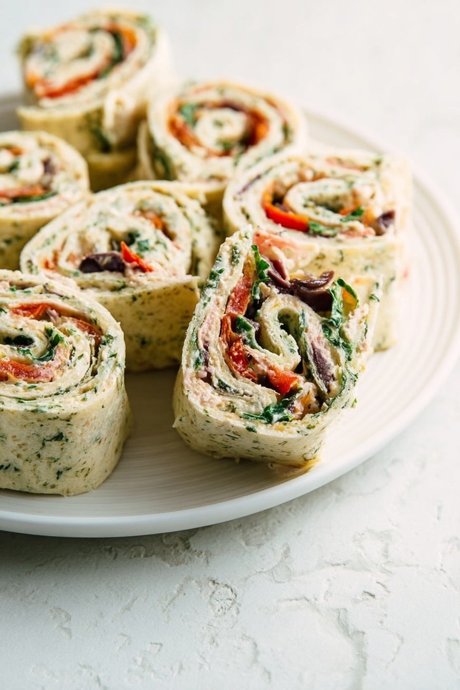 Several pinwheel sandwiches are stacked in pairs on a white plate with a wavy edge placed on a white marbled surface. One pinwheel is set in front of the plate, showing clear layers: a light green herb-speckled tortilla wrap surrounding layers of creamy white spread, bright red pieces likely from roasted peppers, dark purple olives, and some green leafy herbs inside. The texture of the wrap is soft, and the fillings are thick but neatly rolled inside each piece. The photo taken with an iphone --ar 4:5 --v 7