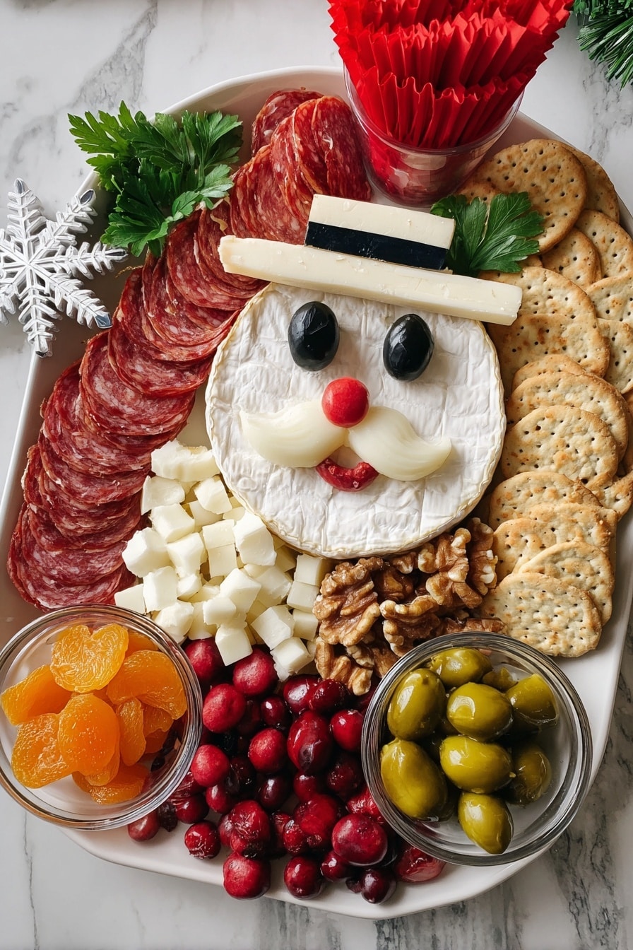 A white plate holds a festive charcuterie board on a white marbled surface. On the right, a round cheese is decorated to look like Santa's face with white rind forming the beard, mustache, and hat trim in layers, black olive slices as closed eyes, and a small red detail for the mouth. To the left of the cheese, thin waves of reddish salami slices create a flowing hair effect. Scattered around are small round white cheese balls and white cheese cubes. Above and below these are clusters of walnuts and sprigs of green parsley. Bright red berries add color near the cheese and salami. There are two sections with red paper liners: one at the top left filled with crackers and one on the bottom right holding several light brown breadsticks. A small glass bowl at the bottom left contains dried apricots, and another glass bowl at the top right holds sliced green pickles with visible seeds. The overall look is colorful, layered, and festive. photo taken with an iphone --ar 4:5 --v 7