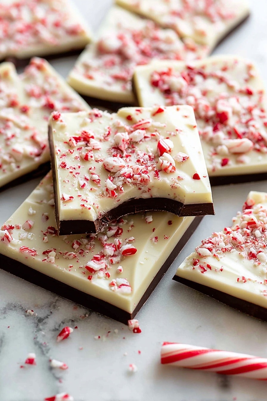 The image shows pieces of layered peppermint bark broken into squares, each having two clear layers: a smooth dark chocolate base and a thicker, creamy white chocolate top sprinkled with crushed red and white peppermint candy pieces. One square is on top of another with a bite taken out, showing the layers clearly. The pieces are scattered casually on a white marbled texture, with small bits of peppermint candy around them. photo taken with an iphone --ar 4:5 --v 7