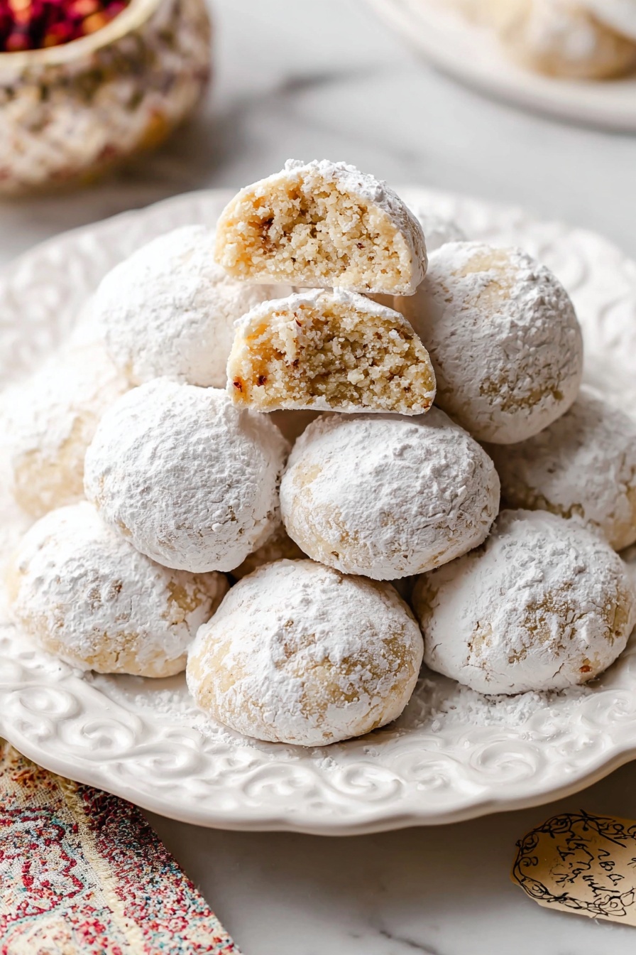 A white bowl filled with many small round cookies, each covered in a thick layer of white powdered sugar. The cookies are light brown underneath and have a soft, crumbly texture. One cookie near the center is broken in half, showing its dense, sandy interior. The bowl has red snowflake patterns along its rim. The background is a white marbled surface. photo taken with an iphone --ar 4:5 --v 7