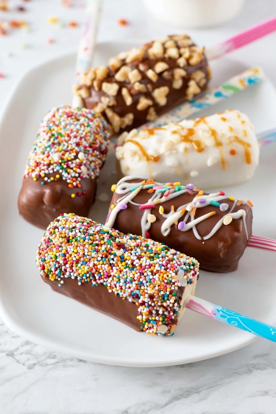 A woman's hand holds three sticks, each with a different treat. The left one is covered in smooth brown chocolate and sprinkled with small tips of white and brown nuts. The middle one is also covered in smooth brown chocolate but topped with colorful small sprinkles in white, green, pink, yellow, and red. The right one is made of white marshmallows stacked on a stick, drizzled with dark brown chocolate and light brown caramel sauce. The sticks are paper, with the left one striped in pink and white, the middle one striped in light blue and white, and the right one striped in yellow and white. The background is a clean white marbled texture. photo taken with an iphone --ar 4:5 --v 7