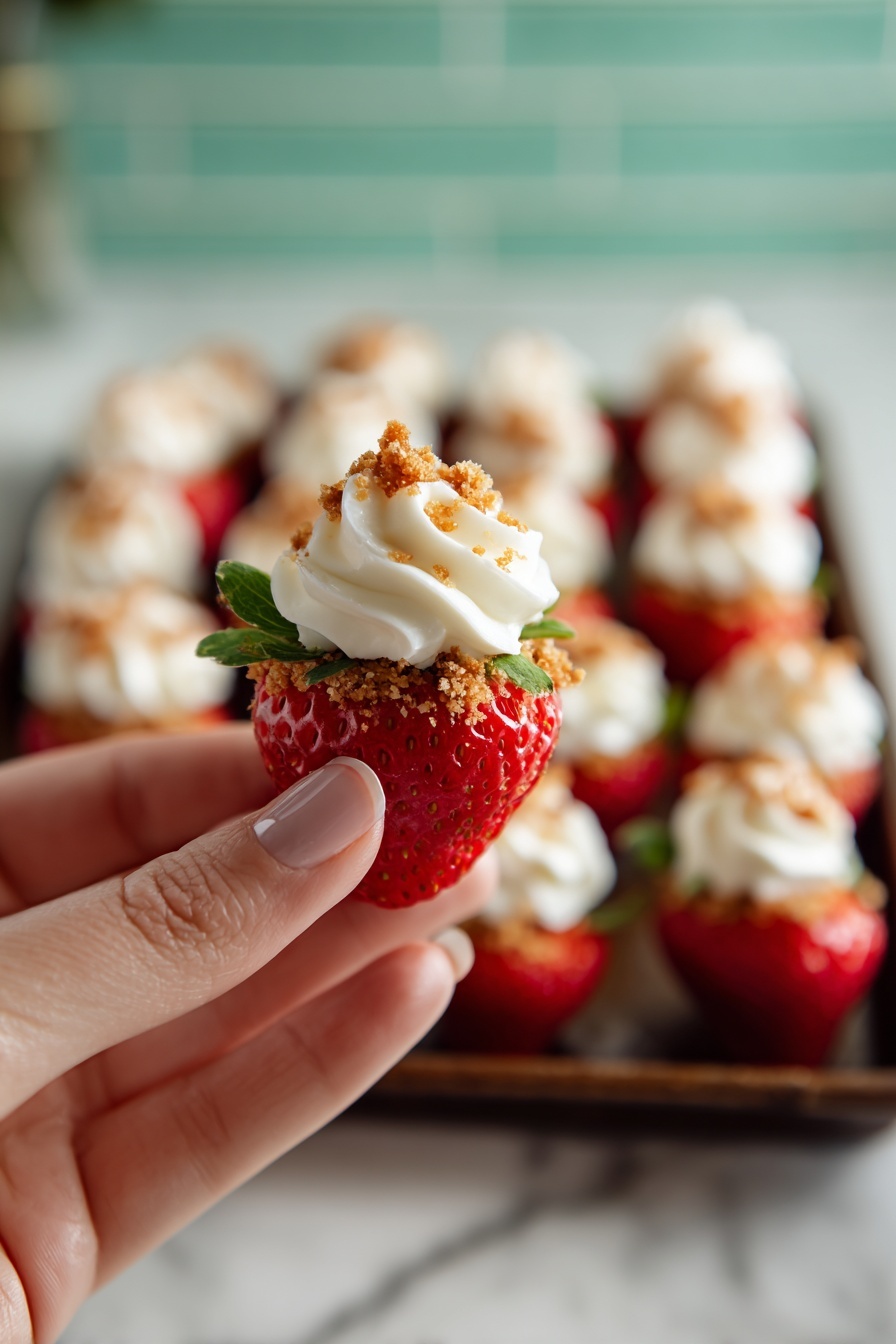 The image shows a tray filled with many halves of fresh red strawberries arranged in neat rows on a white marbled surface. Each strawberry half has one layer of bright red fruit with green leaf tips on the side, topped with a swirl of white cream in the center. The cream is sprinkled with a light dusting of crumbly light brown crumbs, adding texture and contrast. The strawberries and cream swirl sit close together, creating a colorful and inviting look. Photo taken with an iphone --ar 4:5 --v 7