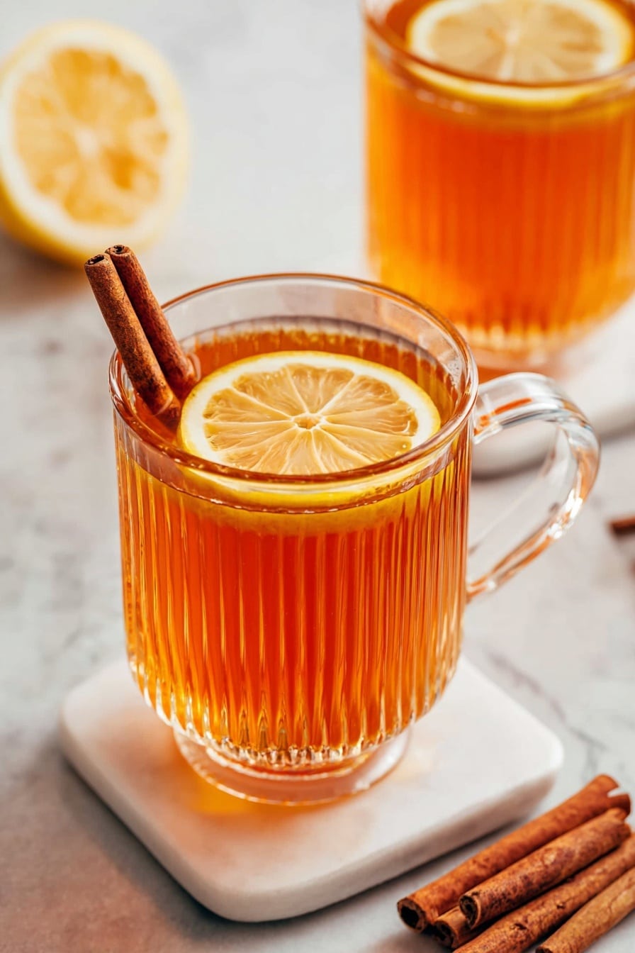 A clear ribbed glass mug filled with bright amber tea shows a slice of lemon floating near the top, with a thin metal spoon standing upright inside the mug; the mug is placed on a white marbled surface, near two cinnamon sticks on the right and a soft green cloth on the left; in the softly blurred background, there is a clear glass teapot with dark amber tea and a white basket holding a bright yellow lemon on the right side; the overall setting is simple and warm with neutral tones and a clean look, photo taken with an iphone --ar 4:5 --v 7