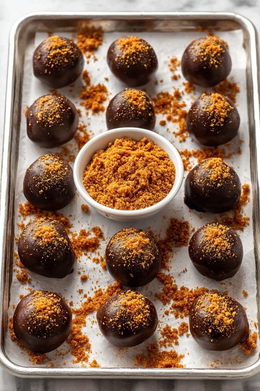 Chocolate Gingerbread Truffles Recipe 6 The image shows a silver tray lined with white paper, holding twenty round chocolate-covered balls arranged in five rows. Each ball is coated in smooth, glossy dark chocolate and topped with a sprinkle of fine, orange-brown crumbs. In the center of the tray, there is a small white bowl filled with the same orange-brown crumbs, with some crumbs scattered across the tray surface as well, adding texture and color contrast. The background is a white marbled texture. photo taken with an iphone --ar 2:3 --v 7 - Chocolate Gingerbread Truffles, gingerbread truffles, holiday chocolate candies, no-bake Christmas treats, festive chocolate truffles