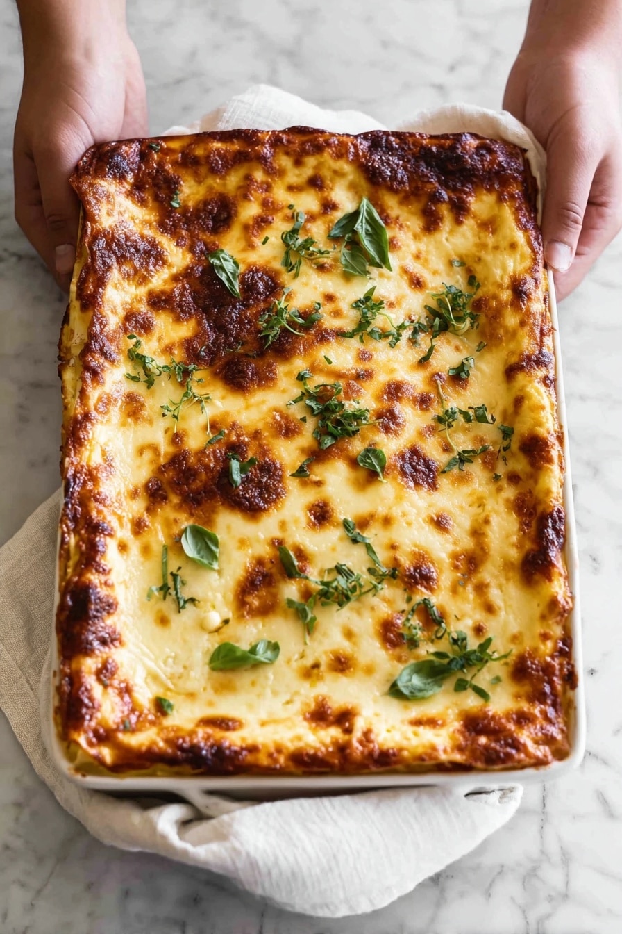 A rectangular baked lasagna in a white baking dish is held by a woman's hands using a white cloth. The top layer is a golden brown melted cheese with some darker browned spots and sprinkled green chopped herbs. The edges of the cheese layer appear crispy and slightly raised. The background is a white marbled surface. photo taken with an iphone --ar 4:5 --v 7