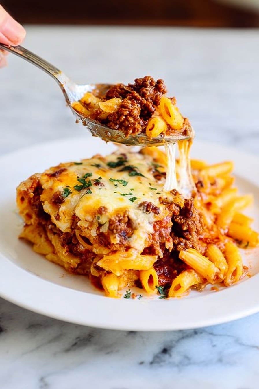 The image shows a portion of baked pasta on a white plate, placed on a white marbled surface. The dish has three main layers: the bottom layer is a bed of tube-shaped pasta in a rich orange-red sauce, the middle layer is a chunky brown meat sauce spread evenly over the pasta, and the top layer is melted white cheese with some browned spots, sprinkled with small green herb pieces. A large metal spoon held by a woman's hand is scooping a serving from the plate. The lighting is soft and natural, highlighting the textures of the melted cheese and sauce on the pasta. photo taken with an iphone --ar 4:5 --v 7