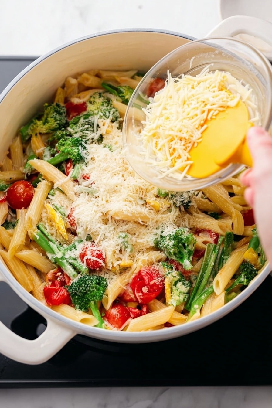 A white pot filled with cooked penne pasta mixed with bright orange carrot sticks, green leafy vegetables, and whole and halved red cherry tomatoes, topped with a thick layer of pale grated cheese covering about half of the pasta’s surface. A woman's hand is holding a small clear glass bowl of grated cheese, using a pale yellow spatula to scoop cheese into the pot. The pot sits on a white marbled surface. Photo taken with an iphone --ar 4:5 --v 7