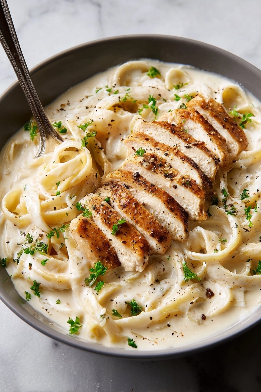 The dish shows a white bowl filled with creamy white fettuccine pasta layered at the bottom, with its smooth texture and slightly curled edges visible. On top, there are several thick slices of light golden-brown cooked chicken placed in a neat row across the pasta. The creamy white sauce generously covers both the pasta and chicken, with some black pepper specks and small chopped green herbs sprinkled all over for color contrast. A fork rests in the bowl on the left side, slightly digging into the pasta. The bowl sits on a white marbled surface. photo taken with an iphone --ar 4:5 --v 7
