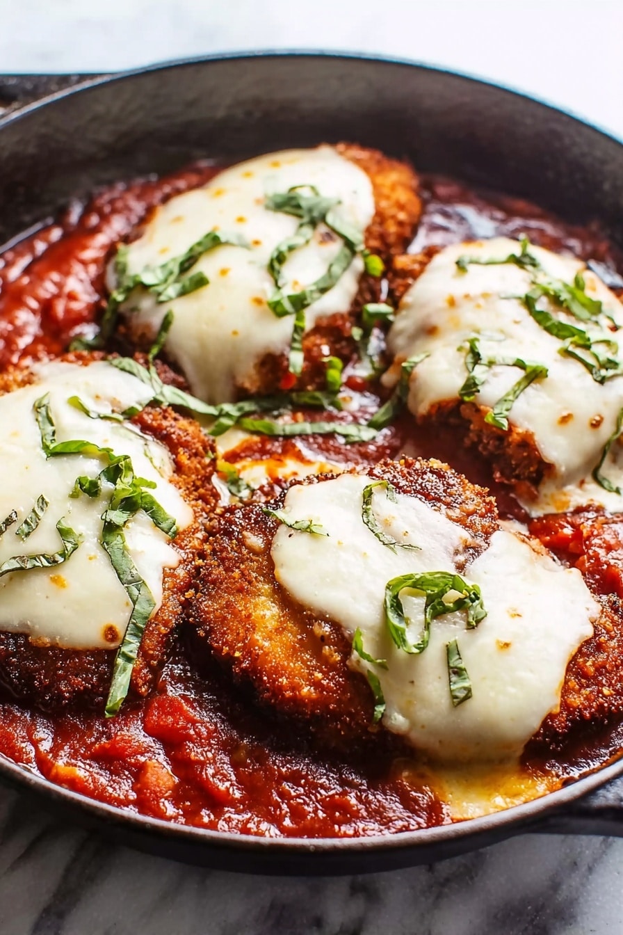 The image shows a black frying pan placed on a white marbled surface, filled with a dish consisting of five layers of cooked breaded pieces. Each piece is topped with a shiny, melted white cheese layer shaped like an oval. The base consists of a rich red tomato sauce with visible herb bits and spices scattered around. There are small green basil leaves spread across the surface, adding a touch of fresh color. The pan's handle is visible on the right side. Photo taken with an iphone --ar 4:5 --v 7