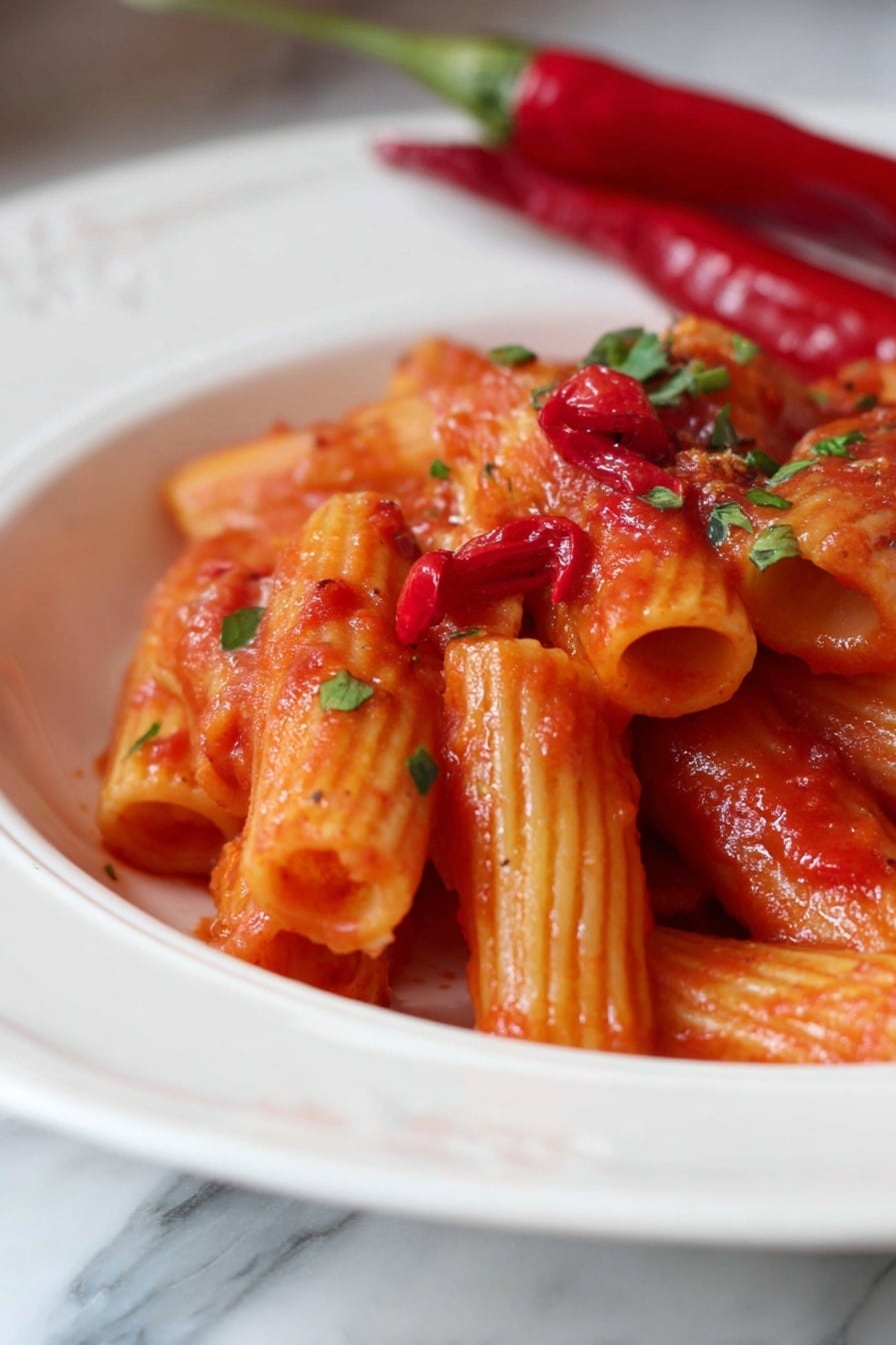 A close-up shows two pieces of penne pasta coated in bright red tomato sauce, held by a spoon. The pasta has visible ridges and is mixed with small bits of green herbs and thin slices of red chili, adding contrast and texture. The spoon is angled diagonally above a white plate filled with more pasta, all resting on a white marbled surface. The background is blurred, keeping the focus on the saucy pasta on the spoon. photo taken with an iphone --ar 4:5 --v 7