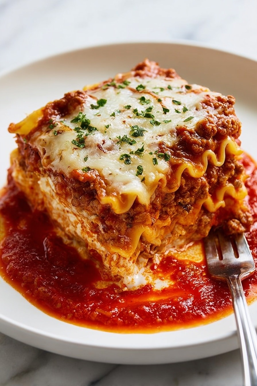 A thick, square piece of lasagna sits in the middle of a white plate, resting on a smooth layer of bright red tomato sauce spread around it. The lasagna has multiple layers visible from the side, alternating between soft beige pasta sheets and layers of rich, meaty sauce with a brown and reddish color. The top layer is covered with melted white cheese that shines slightly and has small green herb pieces sprinkled on it. A fork is placed near the lasagna on the right side of the plate. The plate is set on a white marbled surface. photo taken with an iphone --ar 4:5 --v 7