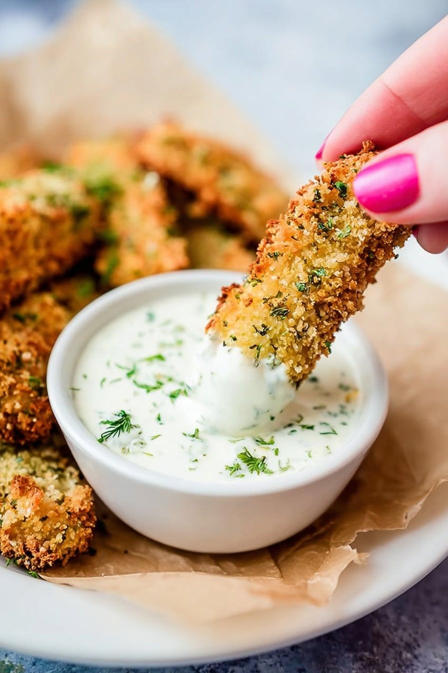 A white bowl filled with creamy white sauce sprinkled with small green herb leaves sits on white marbled surface, lined with a light brown paper sheet. A crispy golden-brown rectangular snack with a textured crumb coating is being dipped halfway into the sauce by a woman's hand with pink nail polish. In the background, several more crispy snacks are laid out in a row on the light brown paper. The scene is brightly lit, showing the crunchy texture of the snack and the smooth sauce. Photo taken with an iphone --ar 4:5 --v 7