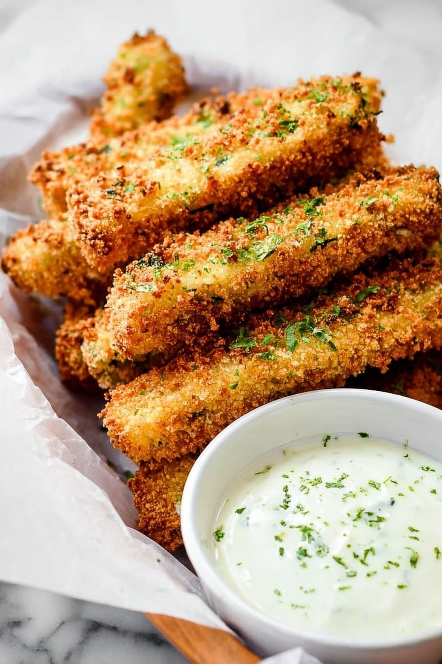 The image shows a white basket lined with white paper, filled with several golden brown, crispy fried zucchini sticks stacked unevenly, each stick coated with a crunchy crumb layer and sprinkled with small green herb bits. To the right side of the basket, a white round bowl containing a creamy white dipping sauce topped with finely chopped green herbs is visible, all placed on a white marbled surface. photo taken with an iphone --ar 4:5 --v 7