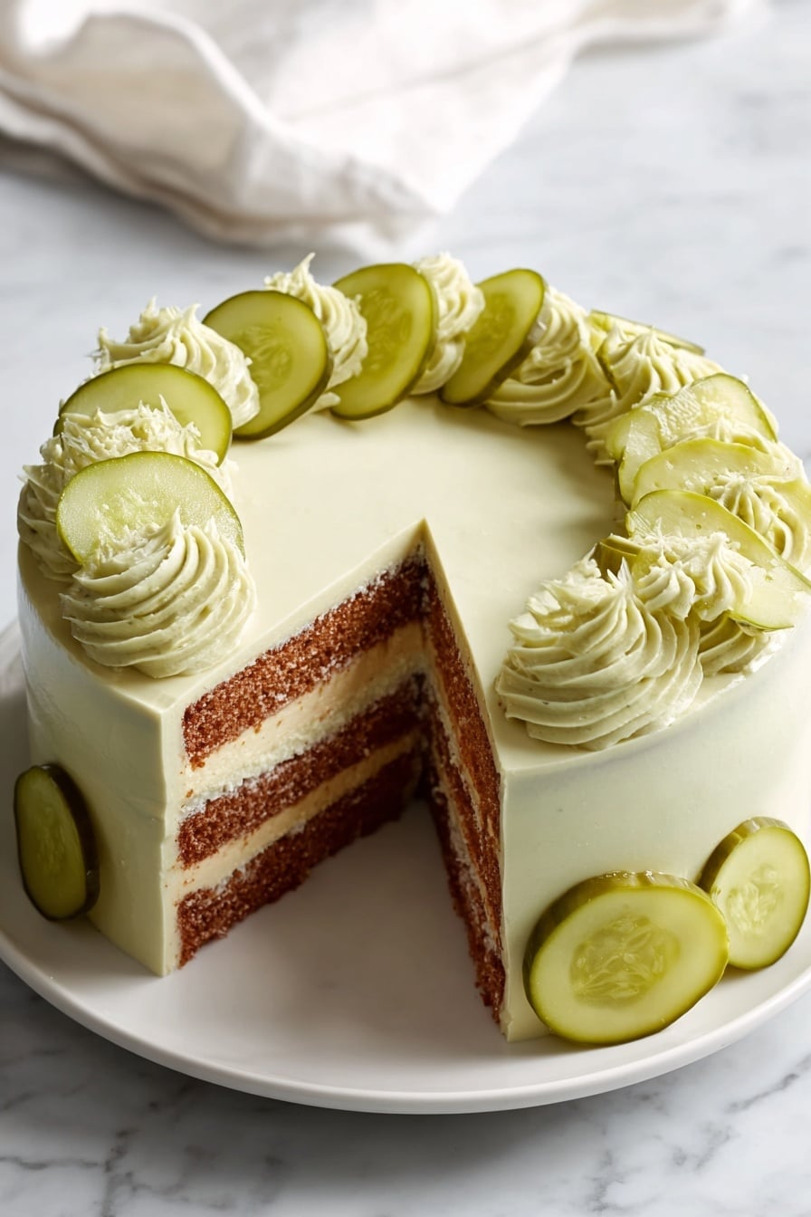 This dish is a round, three-layer cake with white smooth frosting on the outside and between layers. The cake layers are light brown, with creamy white filling in between. Around the top edge and sides, there are thick slices of green pickles placed evenly, showing their seeds and textured skin. One slice is removed, revealing the inside layers clearly. The cake sits on a white plate over a white marbled surface, with soft natural light highlighting its textures. Photo taken with an iphone --ar 4:5 --v 7