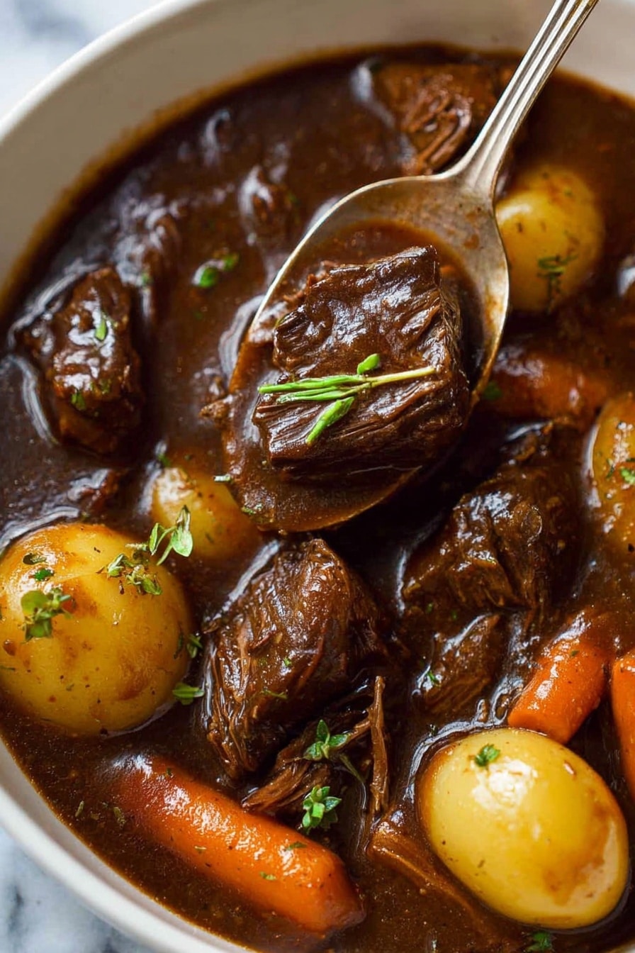 Rich Beef Stew with Red Wine Recipe 6 A white bowl holds a rich, dark brown stew with chunks of tender meat scattered on top of a creamy, smooth bed of mashed potatoes on the right side. Small round yellow potatoes and green celery stalks are mixed in the thick sauce, with tiny green herb sprigs placed on the stew for garnish. A silver spoon rests inside the bowl on the left side. The bowl is set on a white marbled surface photo taken with an iphone --ar 4:5 --v 7