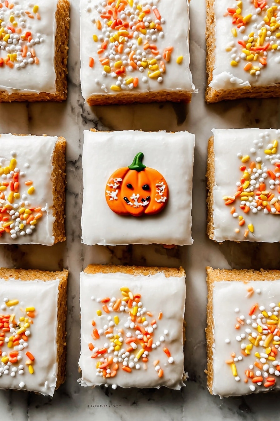 The image shows several square pieces of brown cake with a smooth layer of white frosting on top. Each piece is decorated with orange, yellow, and white sprinkles scattered around the edges. Two pieces have a small, round pumpkin-shaped decoration made of tiny orange and green beads with a smiling face. The center piece is lifted slightly showing its soft brown inside with some white frosting on the edge. The cakes are placed on a white marbled surface. photo taken with an iphone --ar 4:5 --v 7