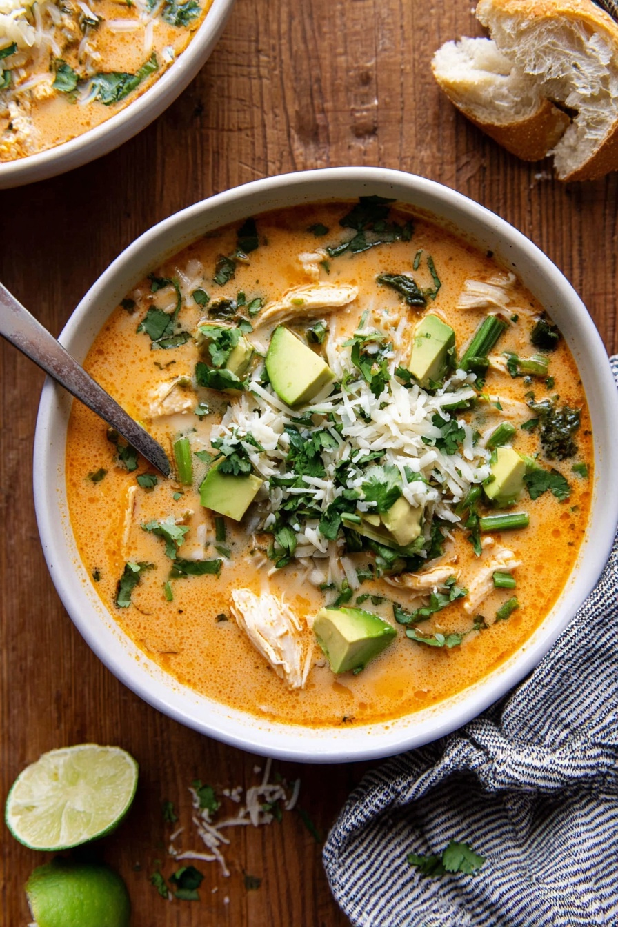 Creamy Chicken Chili Recipe 5 The image shows a white bowl filled with creamy orange soup that has visible chunks of chicken and vegetables. On the surface of the soup, there are layers of fresh green herbs, chopped green onions, and medium-sized pieces of bright green avocado. A dollop of white sour cream sits in the center, topped with shredded light yellow cheese. The bowl is placed on a dark wooden surface with some crumbled bread pieces and a small piece of bread visible nearby. A silver spoon rests inside the bowl, and a striped cloth is partially seen on one side. The background is a white marbled texture photo taken with an iphone --ar 4:5 --v 7