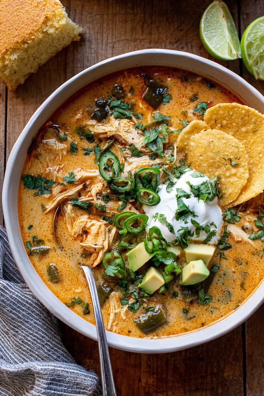 Creamy Chicken Chili Recipe 6 A white bowl filled with creamy orange soup, layered with shredded chicken and melted cheese near the bottom. On the right side, there are golden crispy tortilla chips partially dipped in the soup. Bright green avocado chunks and chopped green onions sit on top near the center, along with fresh cilantro leaves scattered around. A dollop of white sour cream is near the middle, partially covered by the vegetables. A silver spoon rests inside the bowl on the left edge. The bowl is placed on a dark wooden surface with a wedge of lime and a piece of bread nearby. A gray and black striped cloth is underneath the bowl on the bottom right side. Photo taken with an iphone --ar 4:5 --v 7