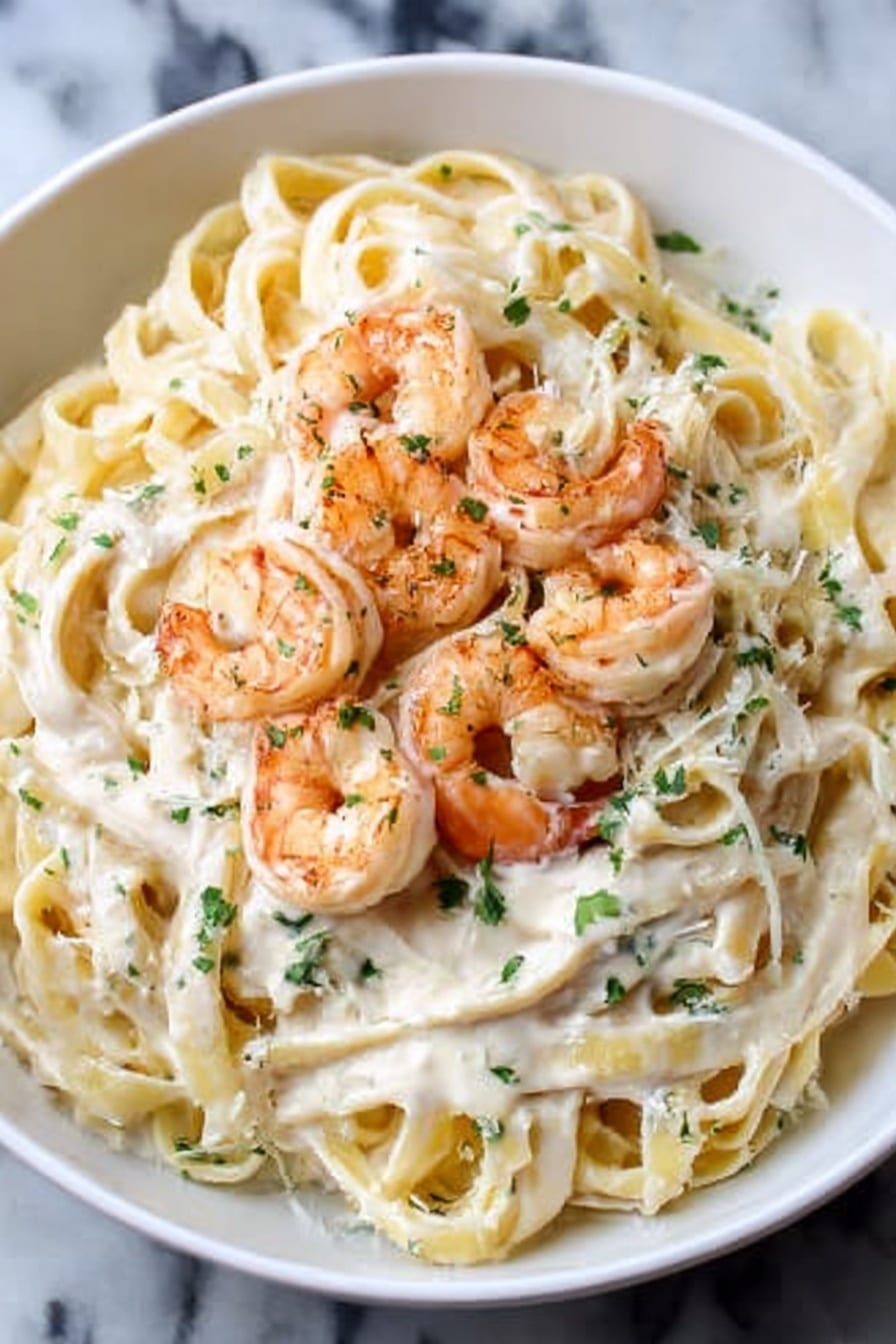 Creamy Shrimp Alfredo Pasta Recipe 5 The image shows two parts: on the left side, there is a close-up of cooked shrimp in a pan, with a mix of orange-pink and white colors, some black pepper sprinkled on them, and a bit of shine from oil; on the right side, there is a white bowl filled with creamy white fettuccine pasta, topped with a few orange-pink shrimp and small green herbs scattered on top, a silver fork swirls some pasta with a shrimp on it, and the background has a white marbled texture. photo taken with an iphone --ar 4:5 --v 7