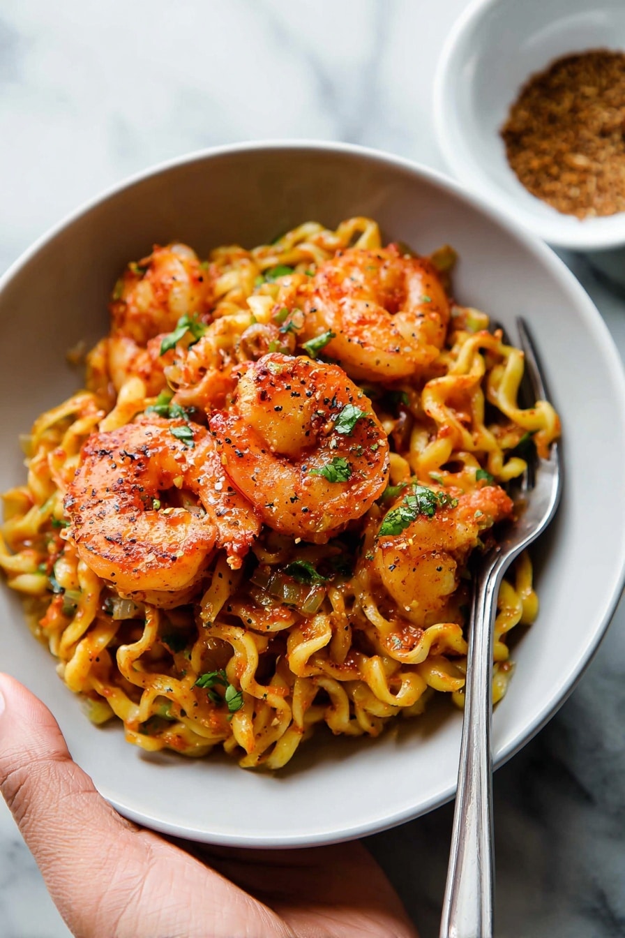 A close-up view of a white bowl filled with curly cooked noodles mixed with several pieces of shrimp coated in a reddish-orange sauce with small bits of herbs and spices sprinkled on top. The noodles are slightly wavy and have a glossy texture, while the shrimp show a mix of light orange and pink colors with char marks and green herb pieces. A silver fork rests on the edge of the bowl. The bowl is held by a woman's hand over a white marbled surface, with a blurred small white bowl filled with a brownish seasoning in the background. The scene has soft natural lighting highlighting the food’s texture and colors. photo taken with an iphone --ar 4:5 --v 7