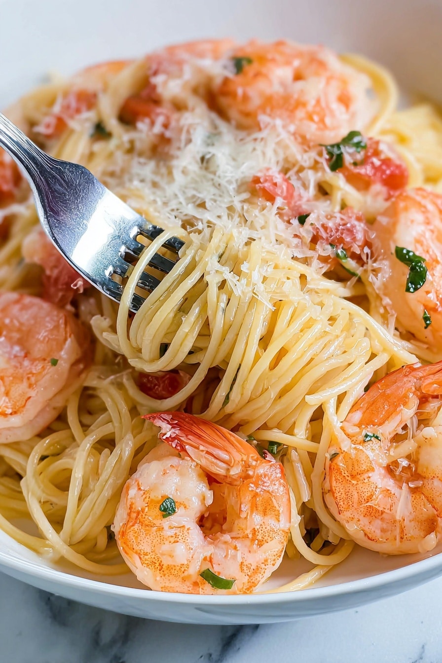 This image shows a white bowl full of spaghetti pasta tangled with large pink shrimp. The pasta is light yellow with soft texture, mixed with small red tomato pieces and bits of green herbs scattered throughout. On top, there is a layer of finely shredded white cheese. A metal fork is stuck into the pasta, lifting a bundle of spaghetti and a shrimp close to the camera, giving a close-up view of the glossy, cooked shrimp and twirled noodles. The background is a white marbled surface. Photo taken with an iphone --ar 4:5 --v 7