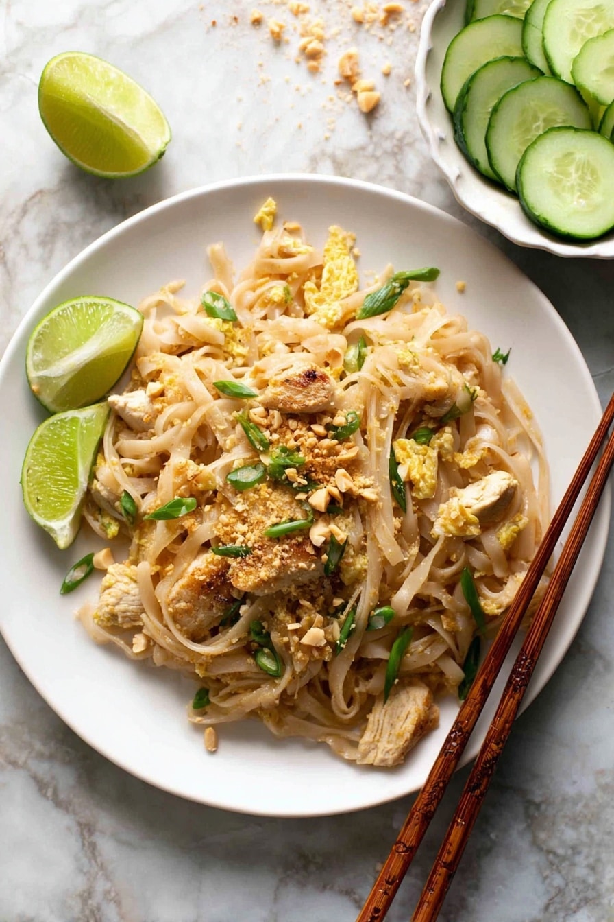 A white plate holds a serving of stir-fried flat rice noodles mixed with strips of cooked chicken, scrambled egg pieces, and chopped green onions. The noodles are light brown from the sauce and sprinkled with crushed peanuts and red chili flakes. Two lime wedges rest on the left edge of the plate. Dark brown chopsticks lie across the top right side of the plate. Nearby, a white bowl filled with thin slices of cucumber sits on a white marbled surface, with a white cloth napkin beside it. Photo taken with an iphone --ar 4:5 --v 7