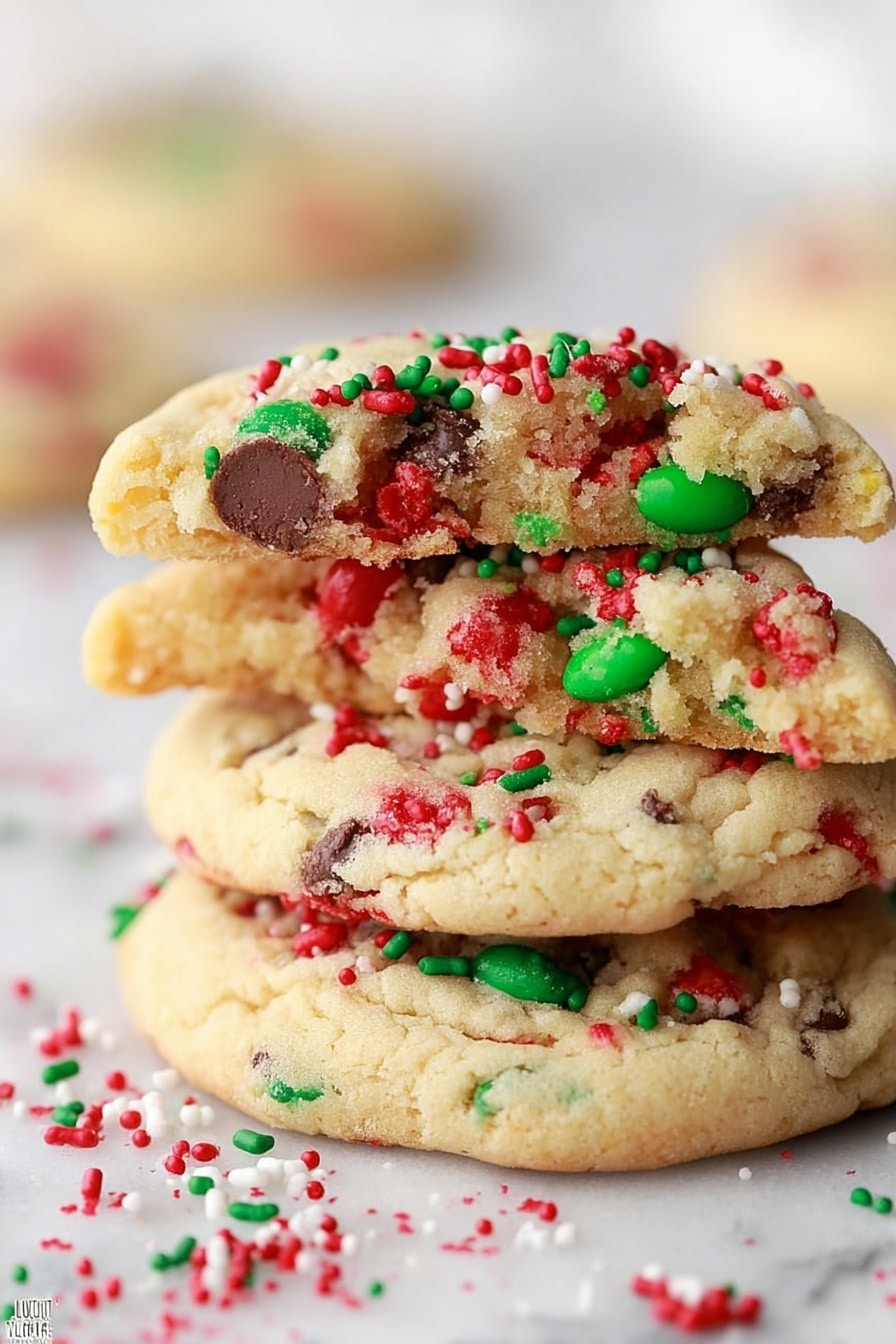 M&M Christmas Cookies Recipe 5 A stack of three cookies sits on a white marbled surface, with the top two cookies broken in half to reveal a soft, crumbly texture inside. Each cookie is light tan in color, dotted with red and green candy pieces baked into the dough, along with red and green sprinkles on the surface for decoration. The bottom cookie is whole and flat, while the top two broken cookies lean across each other, showing uneven, tender edges. Red and green candy pieces are scattered around the stack on the white marbled surface, adding festive color and detail. Photo taken with an iphone --ar 4:5 --v 7