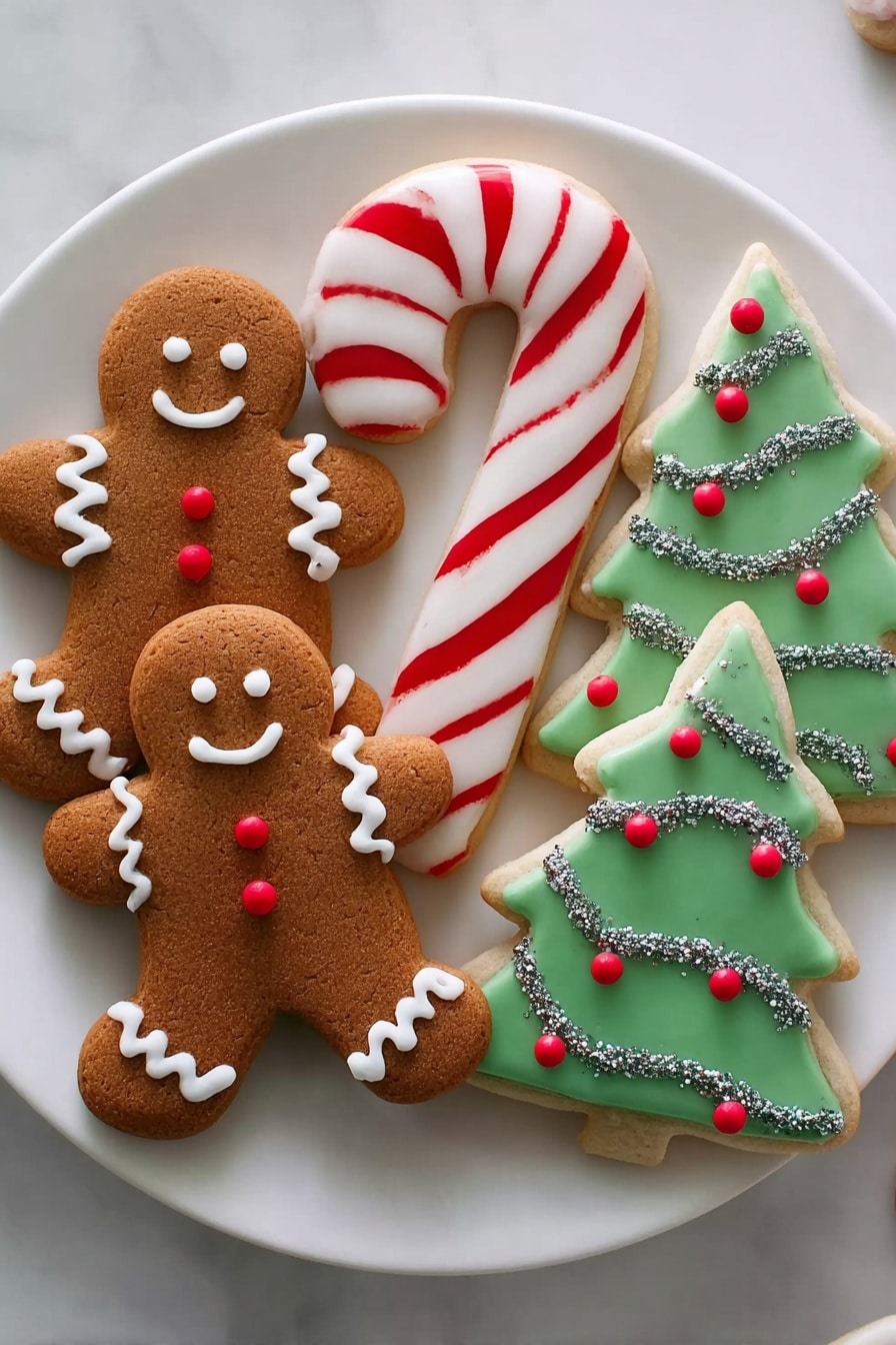 Soft Christmas Cookies Recipe 6 A white round plate on a white marbled surface holds five decorated Christmas cookies arranged close together. There are two brown gingerbread man cookies on the left, each iced with white zigzag lines on their arms and legs, red dots for buttons, and small black eyes and mouths. In the center, two large candy cane-shaped cookies have white icing with diagonal red stripes made of sugar crystals. On the right side, two green Christmas tree cookies are decorated with white icing garlands and small red dots resembling ornaments. The cookies have a smooth texture with bright, clear colors photo taken with an iphone --ar 4:5 --v 7