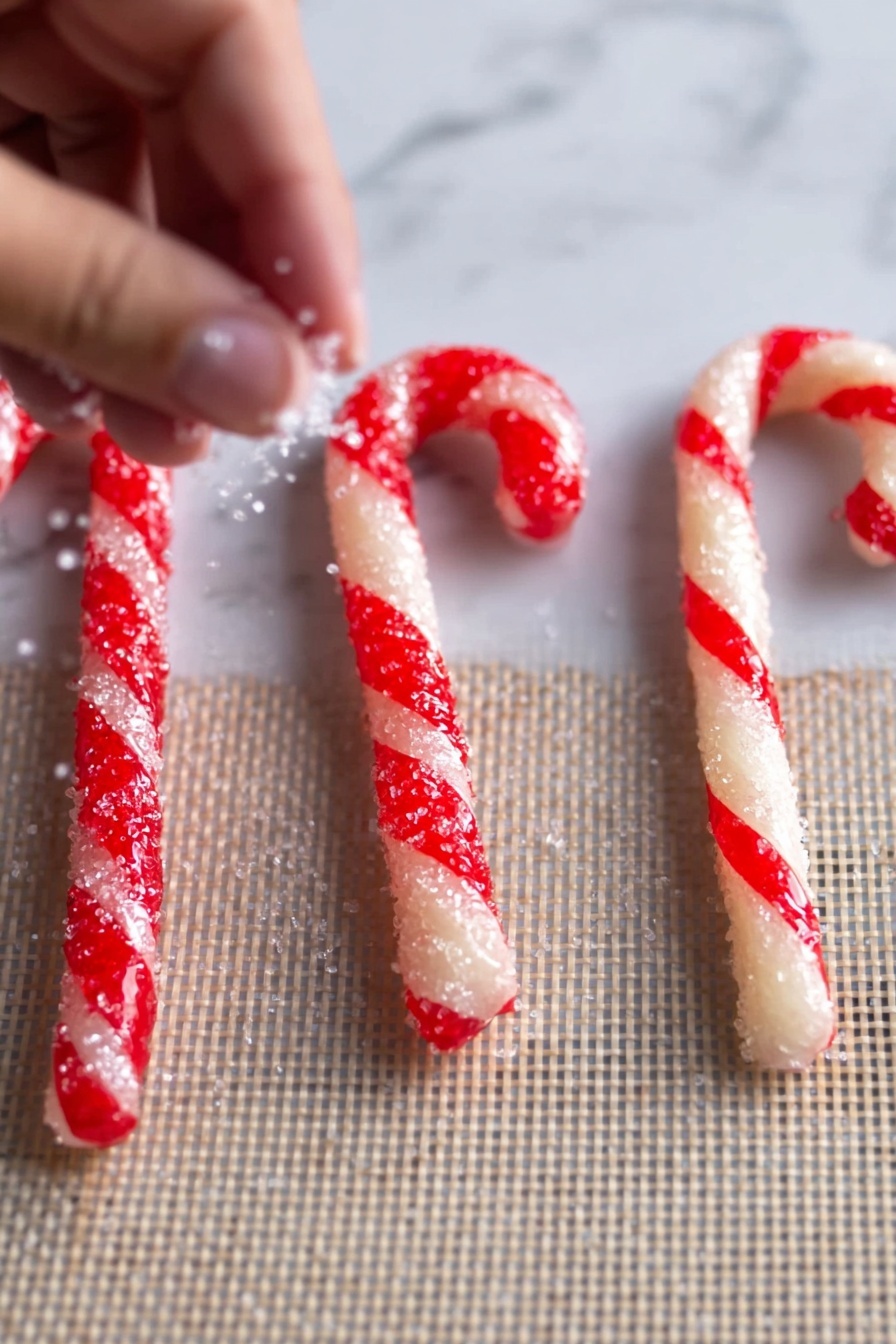 Peppermint Candy Cane Cookies Recipe 5 The image shows three candy cane shapes on a textured baking mat with white and red twisted layers, sprinkled with coarse white sugar on top. From left to right, the first candy cane is straight, the second is just being bent at the top by a woman's hand, and the third is fully bent into the classic candy cane shape. The white and red layers have a smooth, shiny texture, with the colors spiraling around each piece. The baking mat has a light beige grid pattern, and the background surface is a white marbled texture. Photo taken with an iphone --ar 4:5 --v 7
