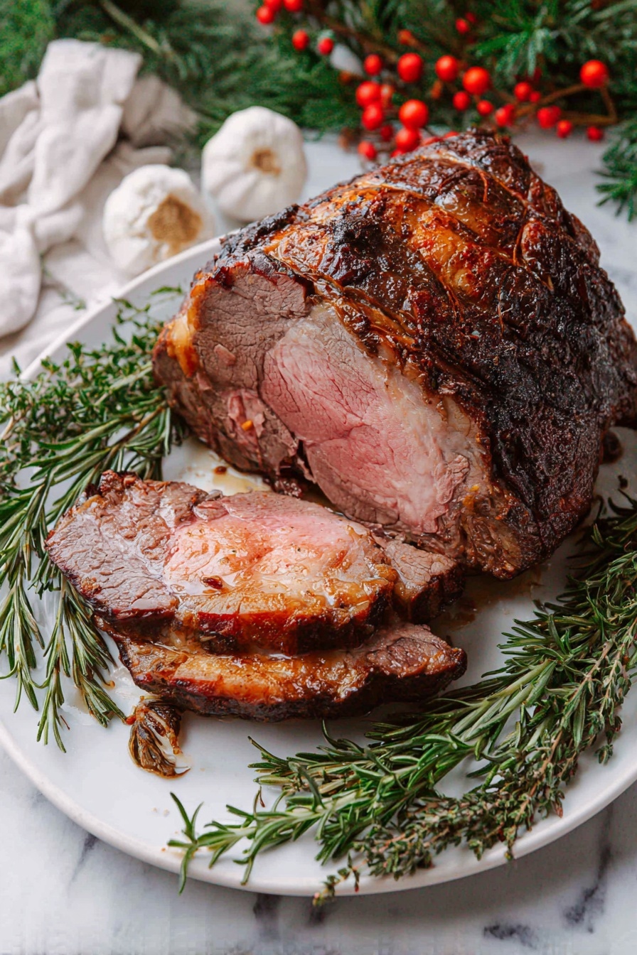 A white oval plate holds a large, partially sliced roast with a dark, crispy outer layer and a pink, juicy inside. The roast is thick with several slices showing the tender meat and some bone on the edges. Green sprigs of rosemary and thyme are scattered around and on top of the meat, adding fresh green color. The plate is placed on a white marbled surface, surrounded by fresh herbs, whole garlic bulbs, and red berries, giving a natural and festive look. A knife and fork with dark handles rest nearby. Photo taken with an iphone --ar 4:5 --v 7