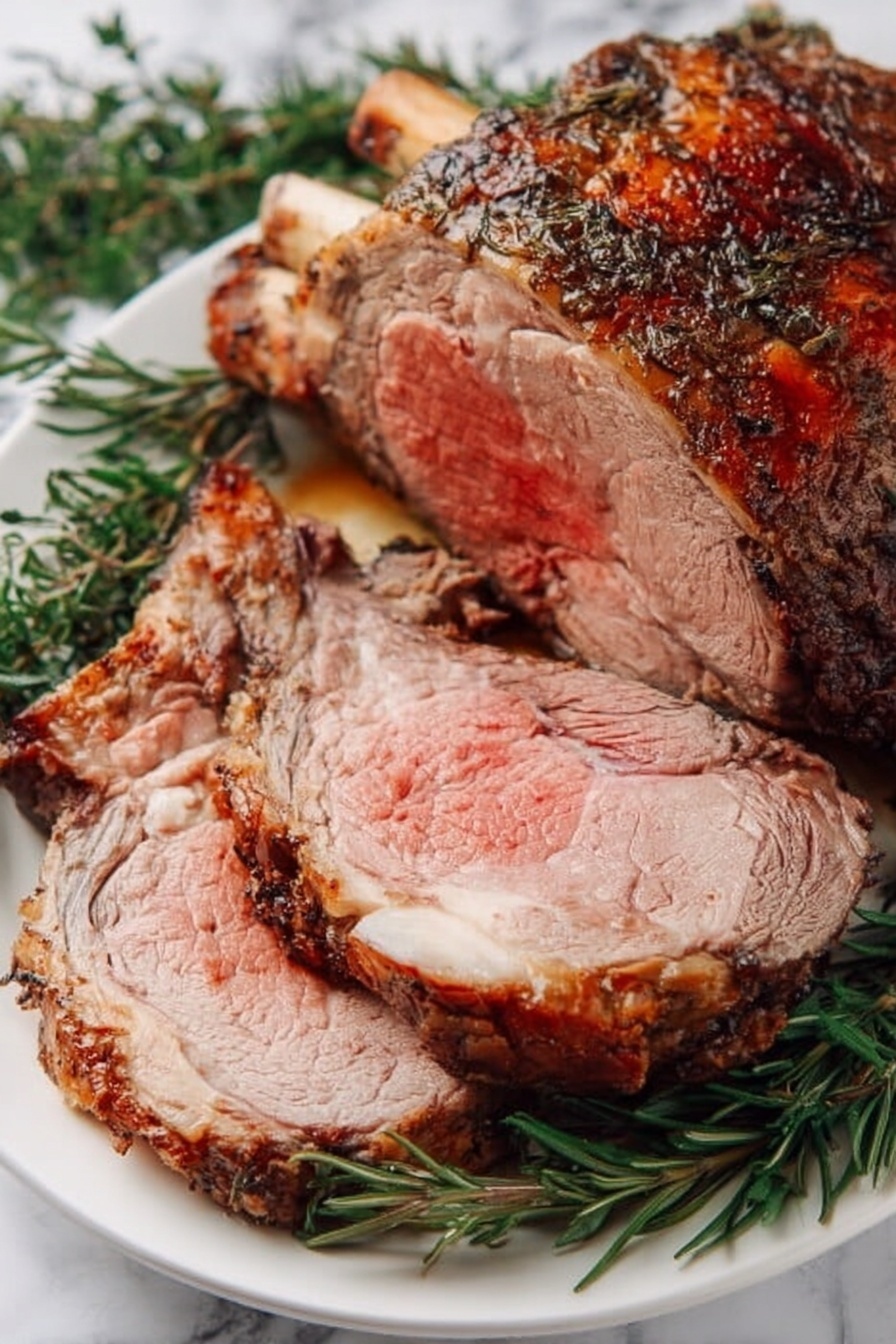 A white plate holds a thick sliced roast with a browned, crispy outer layer and a tender, pinkish inside. One large piece shows a well-cooked crust with herbs baked into the surface. Fresh green sprigs of rosemary are placed around and under the meat for decoration. The plate sits on a white marbled surface, enhancing the rich colors of the roast. photo taken with an iphone --ar 4:5 --v 7