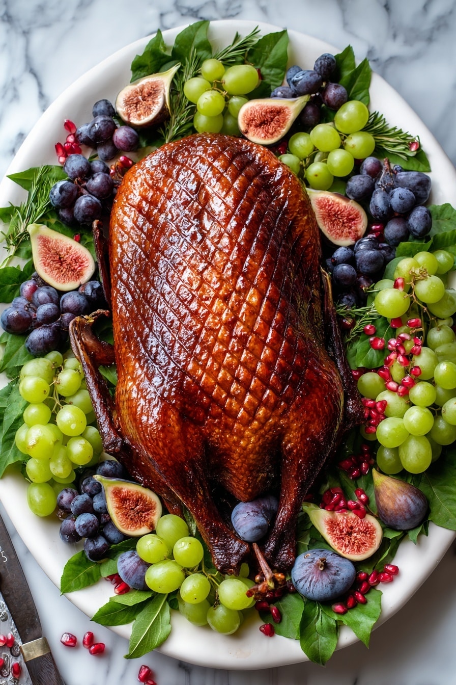 A whole roasted bird with a dark golden brown, crispy skin, scored with a grid pattern on top, rests in the center of a white plate. The bird is surrounded by green leaves and an assortment of fresh fruit including green and dark purple grapes, halved figs showing pink insides, and small clusters of bright red pomegranate seeds. The plate sits on a white marbled surface, adding a clean, elegant look to the overall presentation. photo taken with an iphone --ar 4:5 --v 7