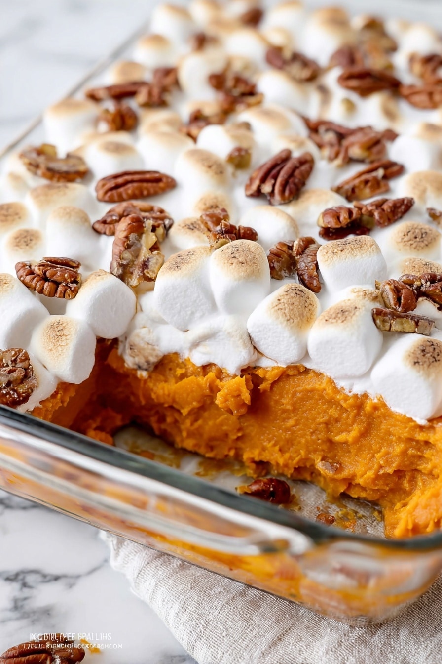 The image shows a clear glass baking dish with a layered sweet potato casserole. The bottom layer is smooth, bright orange mashed sweet potatoes. On top of that is a layer of small white toasted marshmallows that are slightly browned on top. Scattered between the marshmallows are dark brown pecan halves, adding texture and contrast. A large silver spoon scoops into the casserole, showing a mix of all layers inside. The dish is placed on a white marbled surface with a white cloth underneath. Photo taken with an iphone --ar 4:5 --v 7