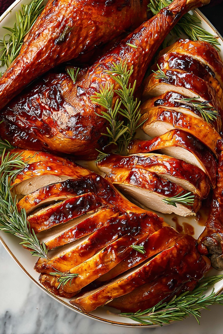 Maple Butter Glazed Roast Turkey Recipe 5 A shiny, roasted whole chicken with dark, glossy grill marks lies in the center of a golden tray, its skin a rich brown with crispy edges. Around the chicken, sprigs of fresh green rosemary add contrast and freshness. On the left side of the tray, there are four thick slices of white meat, each topped with small green herb leaves, showing the tender inside of the chicken. The tray rests on a white marbled surface. photo taken with an iphone --ar 4:5 --v 7