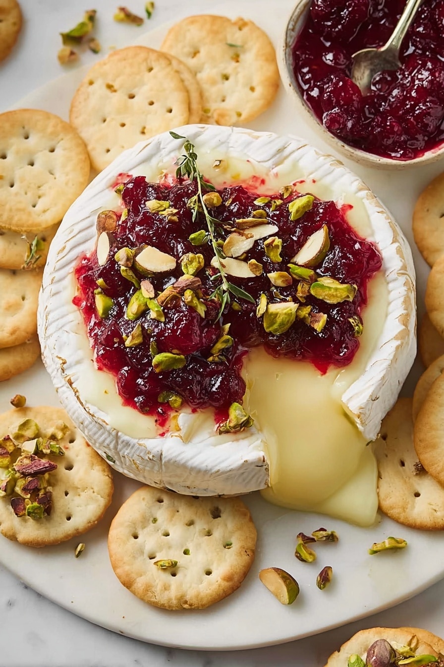 Baked Brie with Cranberry Sauce Recipe 5 A round cheese wheel with a white, smooth rind sits on a white marbled surface, with creamy melted cheese oozing out from one side. The cheese top is covered with a bright red, glossy jelly layer and sprinkled with chopped green pistachios and whole almonds, along with some finely chopped green herbs. Surrounding the cheese are several round, lightly toasted crackers in a pale beige color, one cracker holds a small scoop of cheese topped with red jelly and a piece of almond. In the top right corner, a small bowl with red jelly and a spoon is partly visible. Photo taken with an iphone --ar 4:5 --v 7