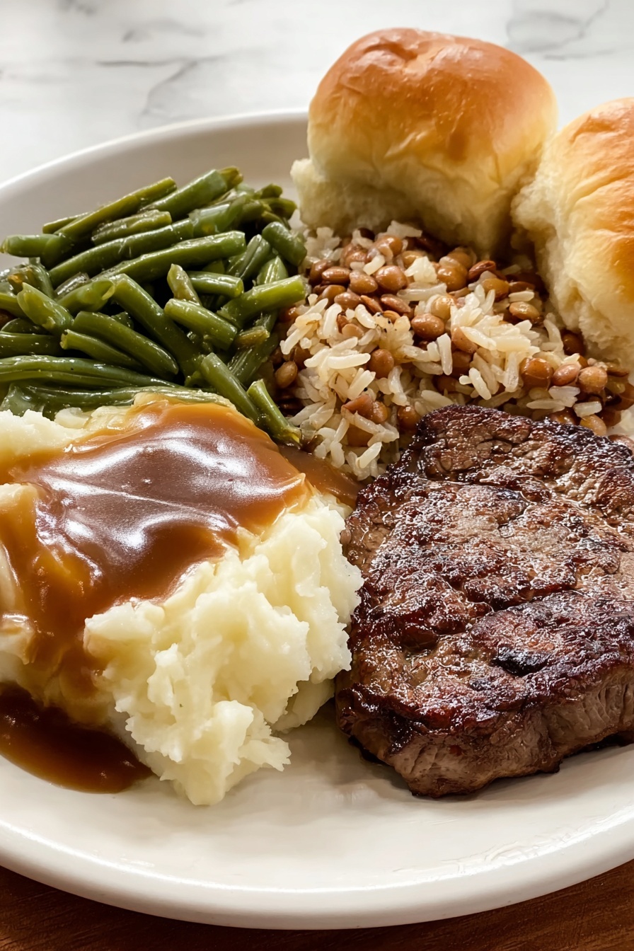 A white plate holds five different foods arranged in layers. In the bottom right is a dark brown, shiny cooked steak with a slightly rough texture. Above it are two golden brown soft dinner rolls with a smooth surface. To the left of the rolls are green beans that look steamed or cooked, showing some shine and a soft texture. Next to the green beans, closer to the center left, is a mound of light brown and beige rice mixed with small pieces of mushrooms. In the bottom left corner, spreading slightly beneath the rice, is a creamy white mashed potato layer topped with shiny brown gravy that spreads unevenly over the surface. The plate is set on a wooden table but the background is changed to a white marbled texture. Photo taken with an iphone --ar 4:5 --v 7