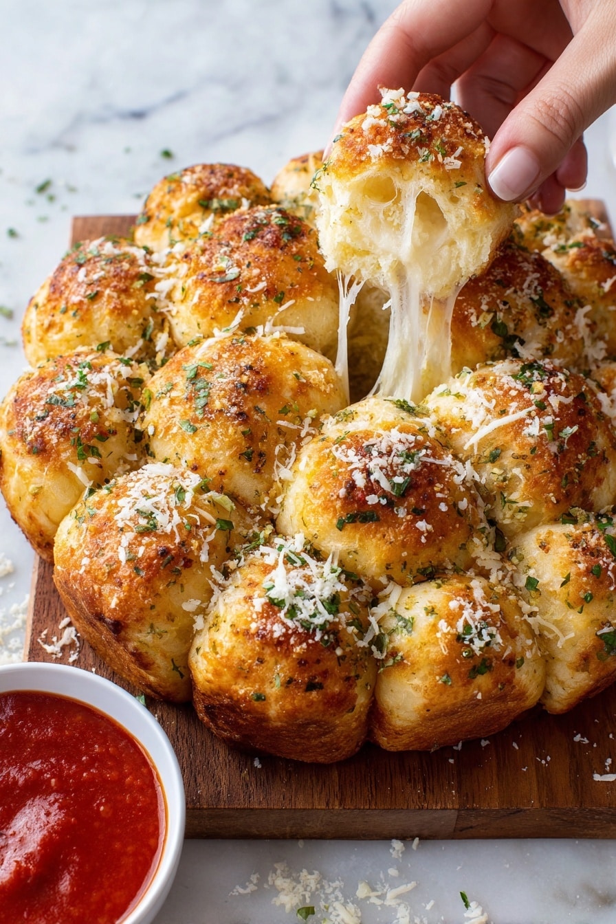 A triangular shape made of small round golden-brown dough balls forms a tree-like pattern on a wooden board with light grain and golden handles on top and bottom. The dough balls are sprinkled with green parsley flakes and some grated white cheese, creating a speckled look on the surface. To the right of the triangle, a small white bowl filled with thick, smooth, bright red sauce sits on the wooden board. The whole scene is set on a white marbled surface, highlighting the warm colors and textures of the food. Photo taken with an iphone --ar 4:5 --v 7