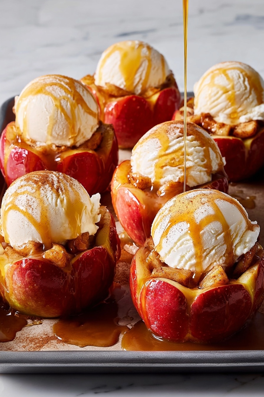 Caramel Apple Blooms with Ice Cream Recipe 5 The image shows six baked apples arranged close together on a rectangular white tray. Each apple is carved and opened at the top, revealing tender cooked apple pieces inside with a golden brown cinnamon spice coating. On top of the opened apples sits a smooth, creamy white scoop of vanilla ice cream. Golden caramel syrup is being poured over one of the ice cream scoops, slowly dripping down and creating shiny, glossy lines on the ice cream and apples. The tray is placed on a white marbled surface. photo taken with an iphone --ar 4:5 --v 7