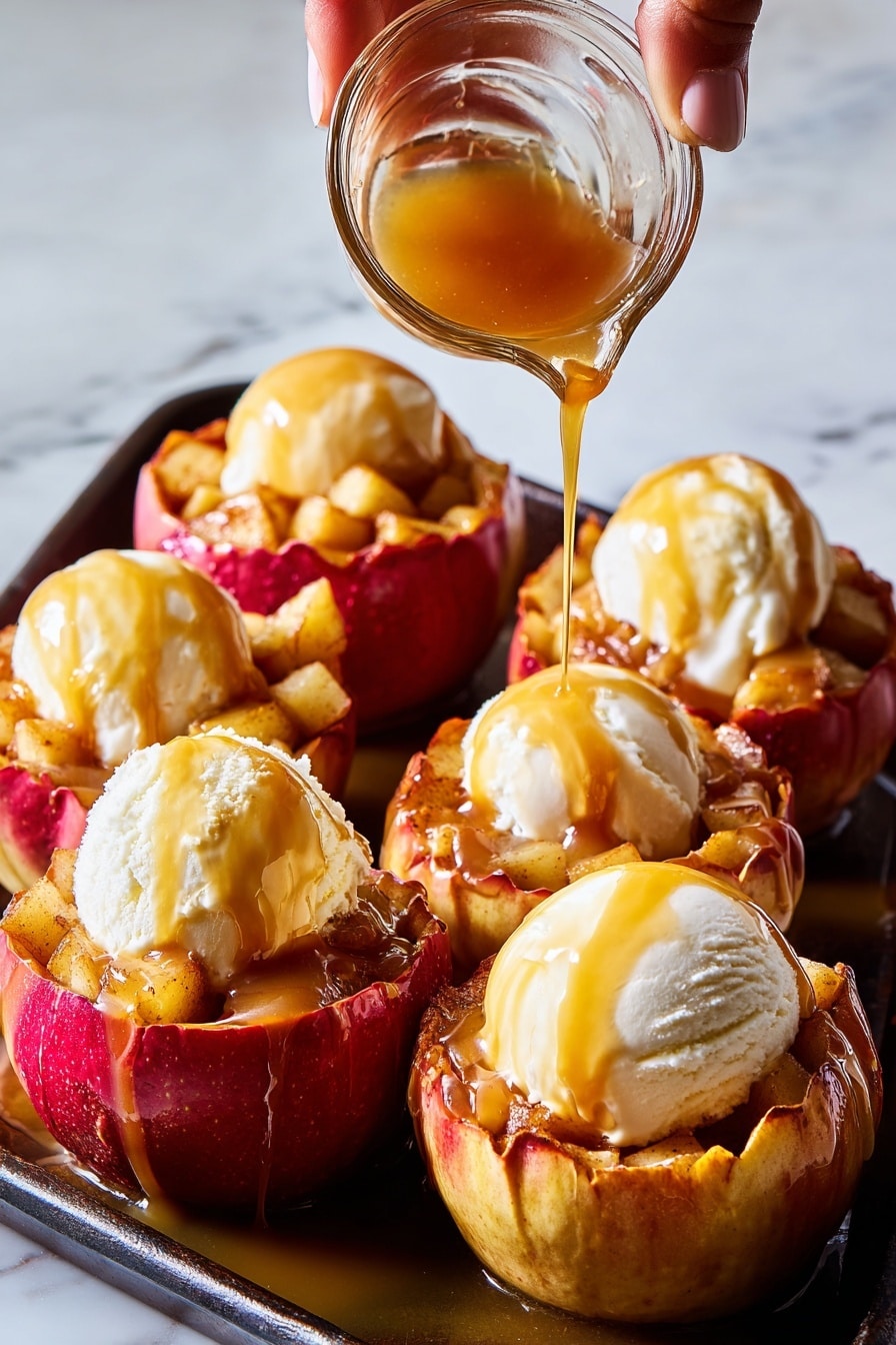 Caramel Apple Blooms with Ice Cream Recipe 6 The image shows several baked red apples with their tops removed and sliced sides facing up, forming flower-like shapes. Each apple is filled with cinnamon-spiced cooked apple pieces inside, and on top, there is a round scoop of creamy white ice cream. A woman's hand is pouring a thick golden caramel sauce over the white ice cream, creating shiny streaks dripping down the ice cream and apples. All the apples sit closely on a dark rectangular tray placed on a white marbled surface, making the warm colors of the apples, ice cream, and caramel sauce stand out. photo taken with an iphone --ar 4:5 --v 7