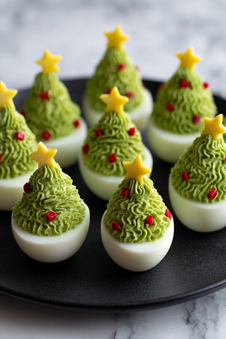 There are eight white hard egg halves arranged on a dark round tray set on a white marbled surface. Each egg half has a tall, green piped filling shaped like a Christmas tree with ruffled texture and small red square decorations resembling ornaments. On top of each green tree filling sits a small yellow star made from a vegetable or fruit slice. The focus is sharp on the front eggs and softly blurred at the back. The lighting is bright and natural. Photo taken with an iphone --ar 4:5 --v 7