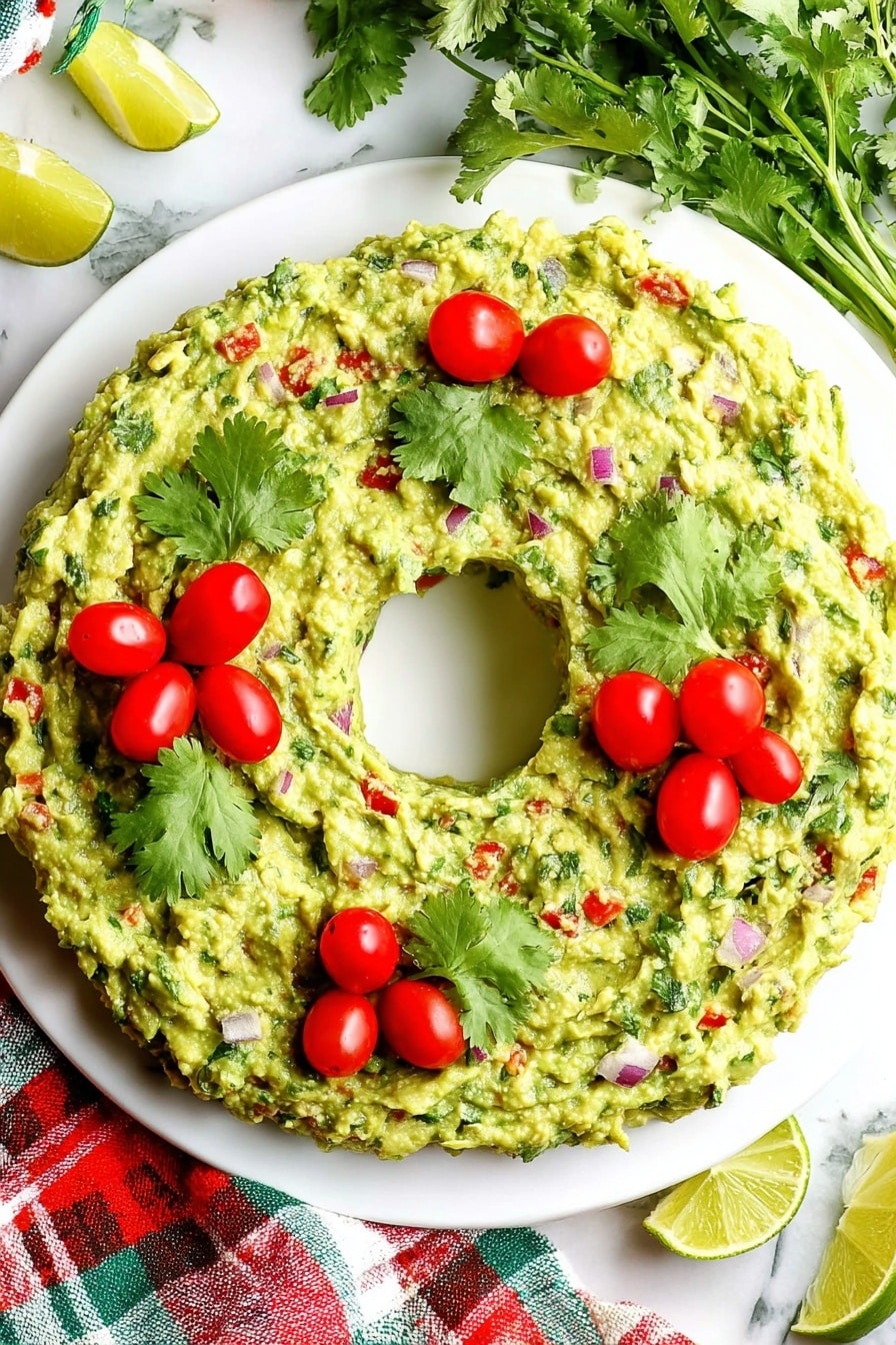 The image shows a white round dish with a thick, green guacamole layer spread evenly in a ring shape, leaving a clear circle in the center. The guacamole has a chunky texture with small pieces of red, green, and white ingredients mixed through it. On top of the guacamole ring, there are three groups of red cherry tomatoes, each group containing three tomatoes, placed evenly around the ring. Alongside the tomatoes, fresh green cilantro leaves are placed for decoration. The dish sits on a white marbled surface, with a red, white, and brown plaid cloth partially wrapped around the top left side. Near the bottom right of the dish, there are some cilantro sprigs and lime halves. The overall scene is bright and colorful with a fresh feel. photo taken with an iphone --ar 4:5 --v 7